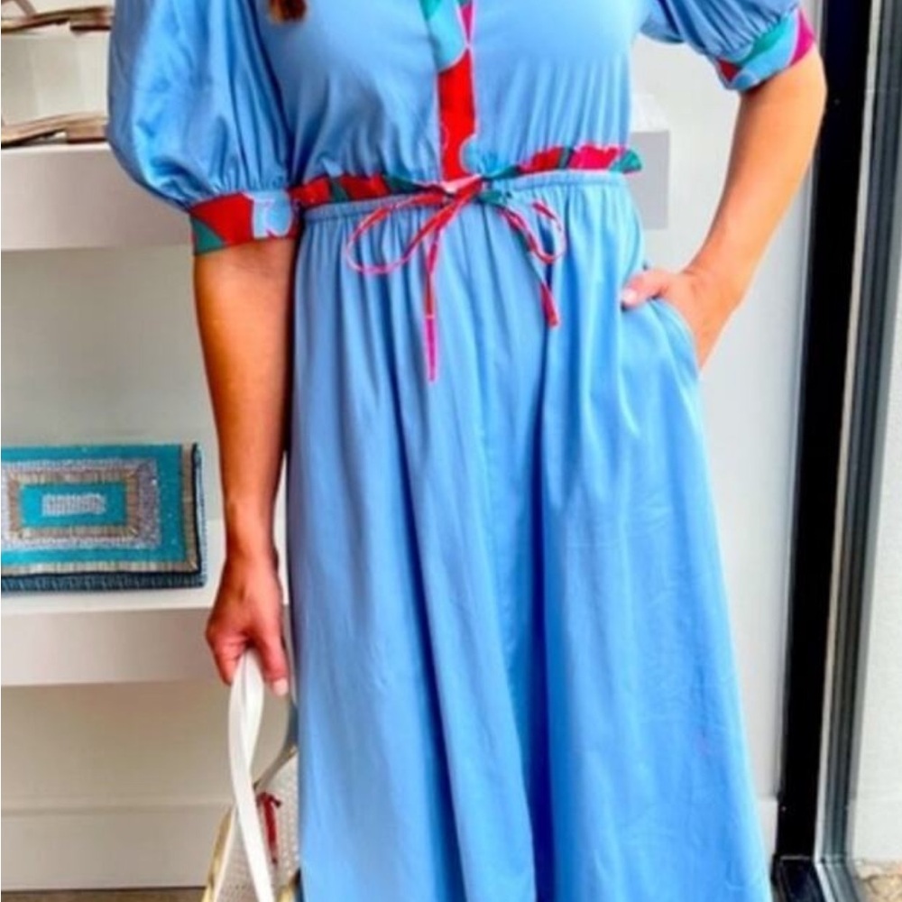 Alden Adair Blue Pleated Smocked Sundress with Puff Sleeves